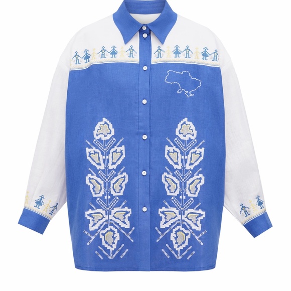 Ukrainian Blue and White Embroidered Unisex Oversized Linen Shirt Vyshyvanka L - Picture 11 of 12